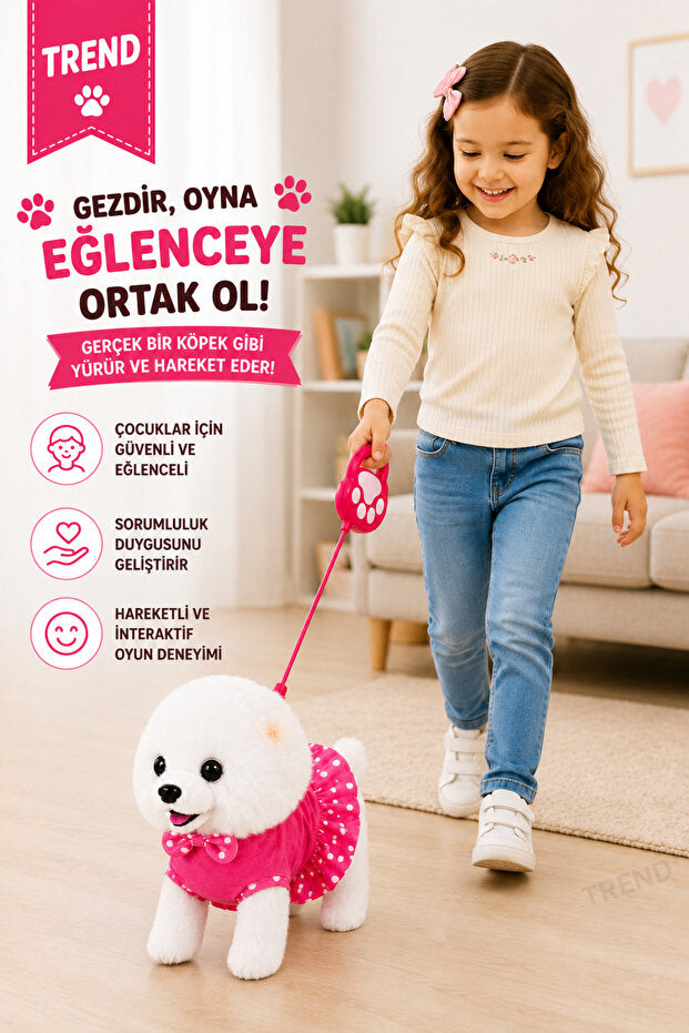 Sevimli Yürüyen Köpek Oyuncak – Tasmalı, Hareketli ve Sesli Peluş Köpek